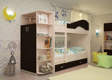 Детская 2-этажная кровать Мая на щитах со шкафом и ящиками, корпус Млечный дуб, фасад Венге в Орле
