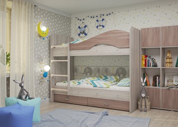 Двухэтажная детская кровать Мая с 2 ящиками на щитах, корпус Шимо светлый, фасад Шимо темный в Орле