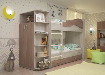 Детская двухэтажная кровать Мая на щитах со шкафом и ящиками, корпус Шимо светлый, фасад Шимо темный в Орле