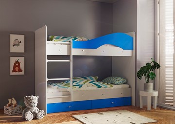 Двухэтажная кровать Мая с 2 ящиками на щитах, корпус Млечный дуб, фасад Синий в Орле