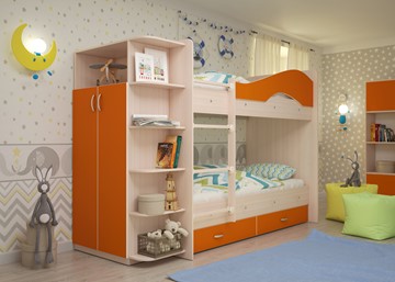 Кровать двухъярусная Мая на щитах со шкафом и ящиками, корпус Млечный дуб, фасад Оранжевый в Орле