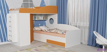 Детская кровать-шкаф Кадет-2 с металлической лестницей, корпус Белое дерево, фасад Оранжевый в Орле