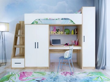 Кровать-чердак в детскую с шкафом Тея, каркас Ясень, фасад Белый в Орле