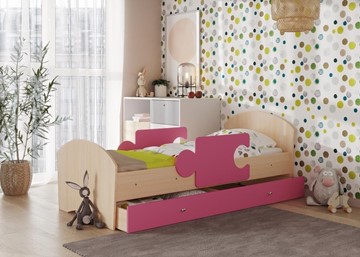 Детская кровать с бортиками и ящиком Мозайка, корпус Млечный дуб/фасад Розовый (ламели) в Орле