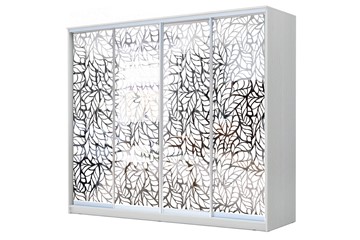 Шкаф-купе 4-х створчатый 22-24/2-6666, Пескоструйный рисунок "Лист", Белый в Орле