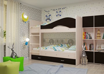 Детская  двухъярусная кровать Мая с 2 ящиками на щитах, корпус Млечный дуб, фасад Венге в Орле - предосмотр 1