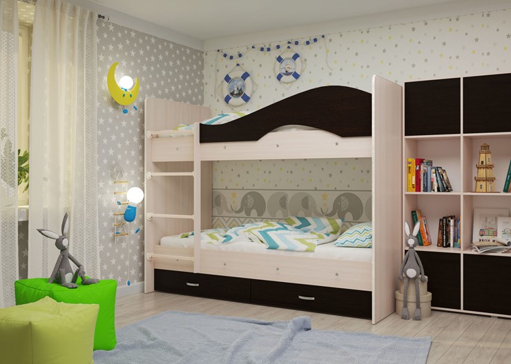 Детская  двухъярусная кровать Мая с 2 ящиками на щитах, корпус Млечный дуб, фасад Венге в Орле - изображение 1
