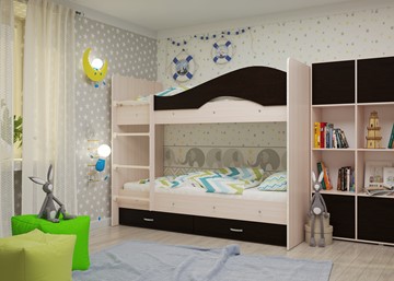 Детская 2-этажная кровать Мая на щитах со шкафом и ящиками, корпус Млечный дуб, фасад Венге в Орле - предосмотр 1