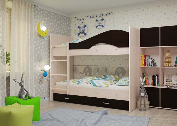 Детская 2-этажная кровать Мая на щитах со шкафом и ящиками, корпус Млечный дуб, фасад Венге в Орле - изображение 1