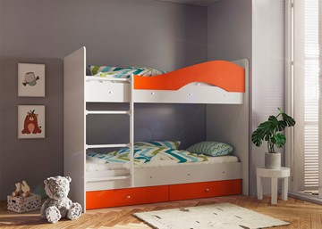 Детская двухъярусная кровать Мая с 2 ящиками на щитах, корпус Млечный дуб, фасад Оранжевый в Орле - предосмотр