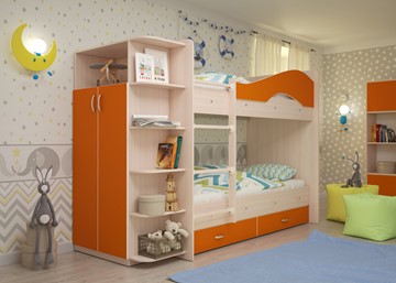 Детская двухъярусная кровать Мая с 2 ящиками на щитах, корпус Млечный дуб, фасад Оранжевый в Орле - предосмотр 1