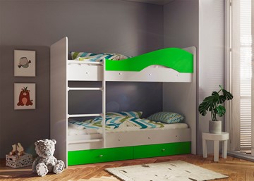 Детская двухэтажная кровать Мая с 2 ящиками на щитах, корпус Млечный дуб, фасад Салатовый в Орле