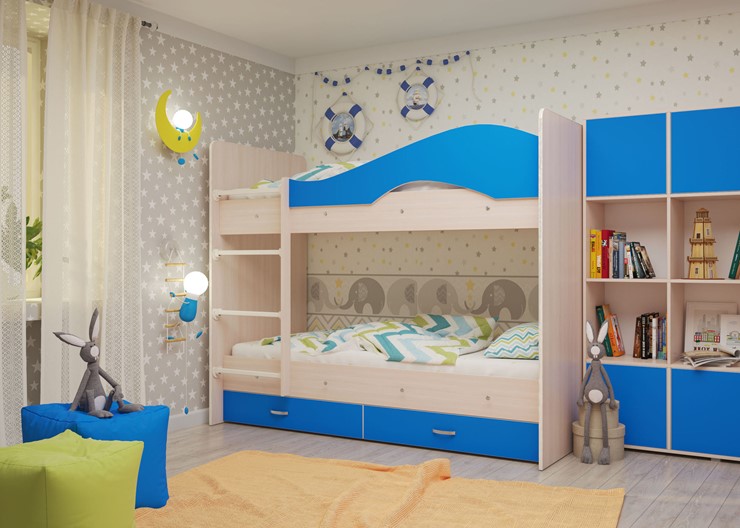 Двухэтажная кровать Мая с 2 ящиками на щитах, корпус Млечный дуб, фасад Синий в Орле - изображение 3