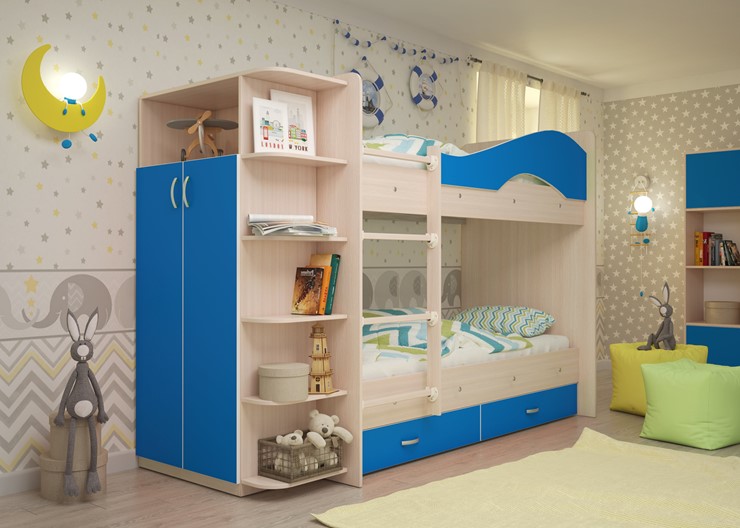 Двухэтажная кровать Мая с 2 ящиками на щитах, корпус Млечный дуб, фасад Синий в Орле - изображение 1