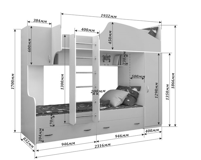 Детская 2-этажная кровать Юниор-2, каркас Белое дерево, фасад Ирис в Орле - изображение 1