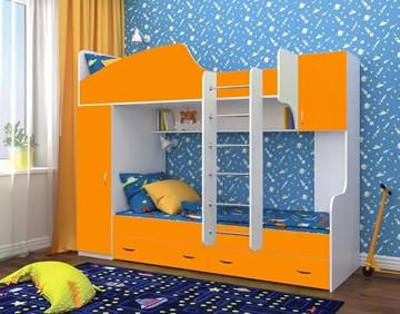 Детская двухъярусная кровать Юниор-2, каркас Белое дерево, фасад Оранжевый в Орле