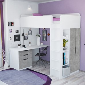 Детская кровать с письменным столом и шкафом POLINI Kids Simple Белый / Бетон в Орле - предосмотр 1