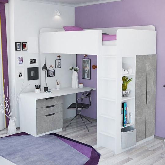 Детская кровать с письменным столом и шкафом POLINI Kids Simple Белый / Бетон в Орле - изображение 1