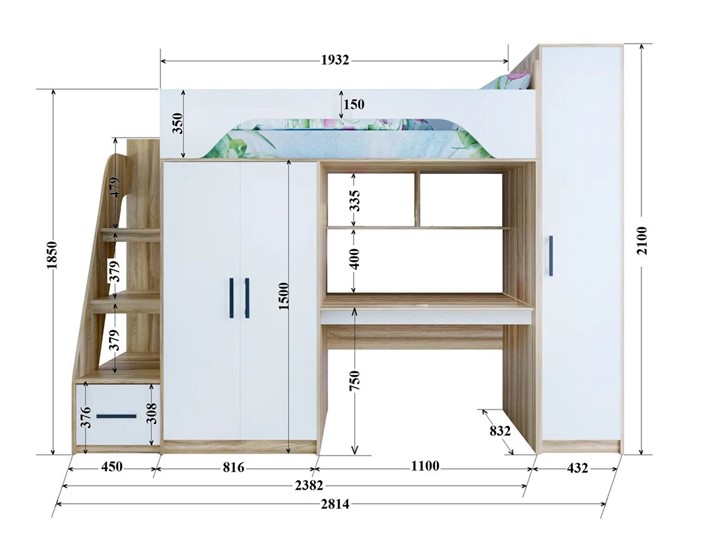 Кровать-чердак в детскую с шкафом Тея, каркас Ясень, фасад Белый в Орле - изображение 2