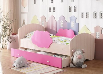 Детская кровать с бортиками Тучка с ящиком, корпус Дуб млечный, фасад Розовый в Орле