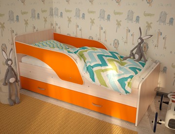 Детская кровать с ящиками Максимка, корпус Млечный дуб, фасад Оранжевый в Орле - предосмотр