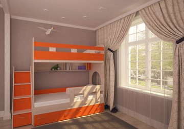 Кровать 2-ярусная Юниор-1 с бортом, каркас Дуб, фасад Оранжевый в Орле