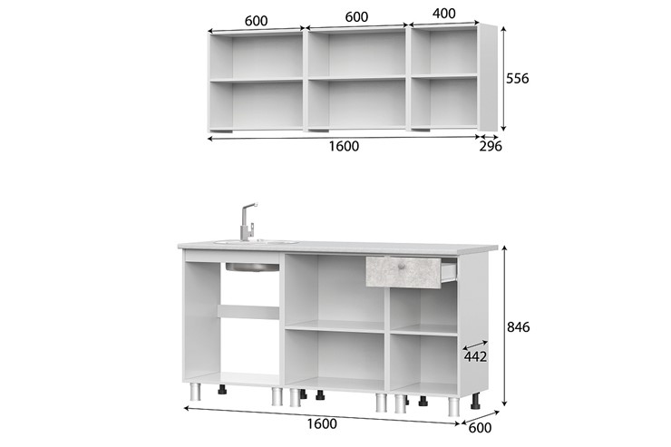 Гарнитур кухонный КГ-1 1600, белый/белый/цемент светлый/антарес в Орле - изображение 2