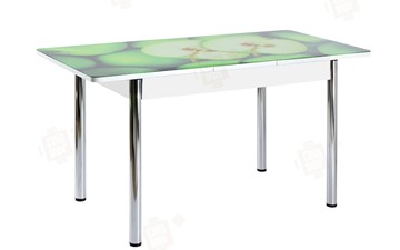 Кухонный раскладной стол Айсберг-01 СТФ, белый/фотопечать зеленые яблоки/ноги хром круглые в Орле