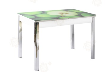 Кухонный раздвижной стол Айсберг-01 СТФ, белый/фотопечать зеленые яблоки/ноги хром квадратные в Орле