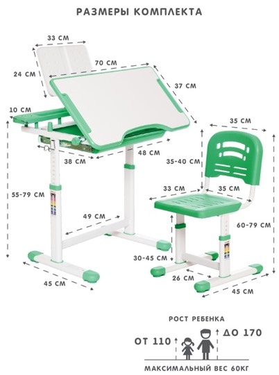 Растущая парта и растущий стул SET HOLTO-17А, зеленый в Орле - изображение 11